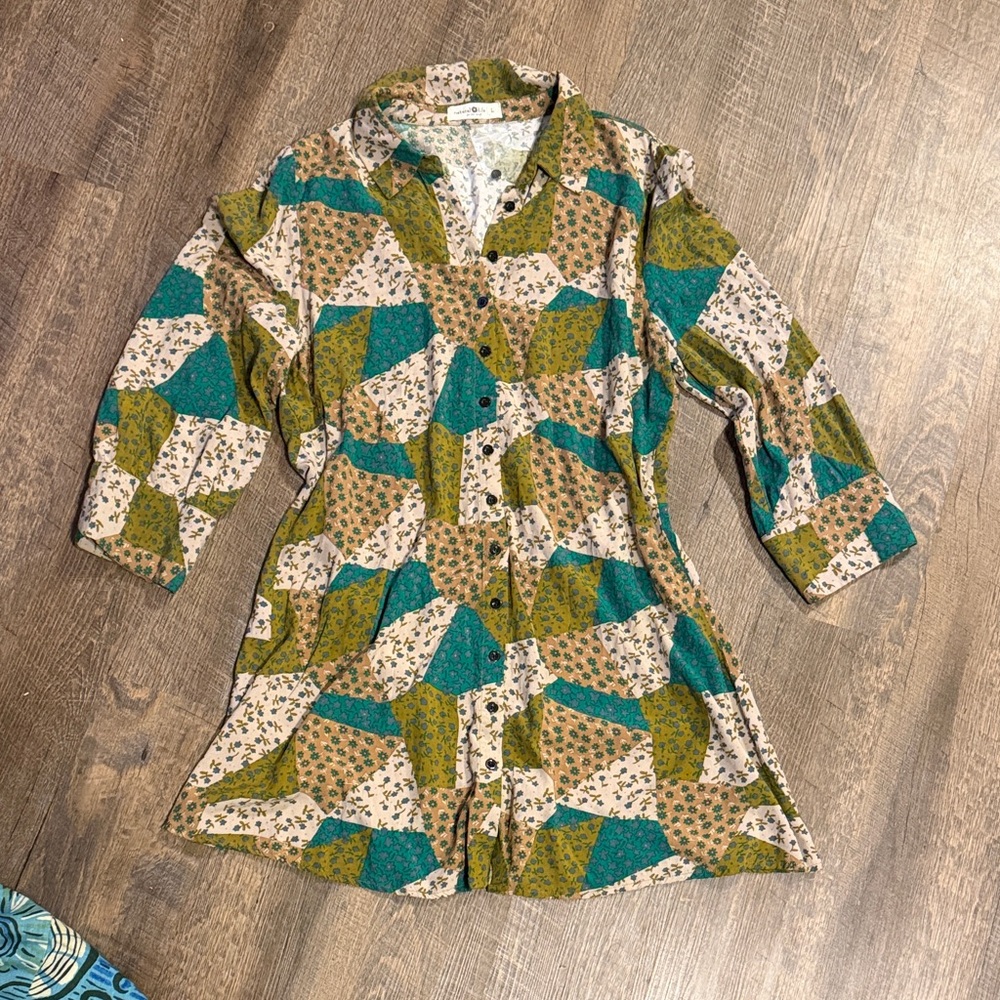 Natural Life Patchwork Shirt Dress Size L Boho Button Front